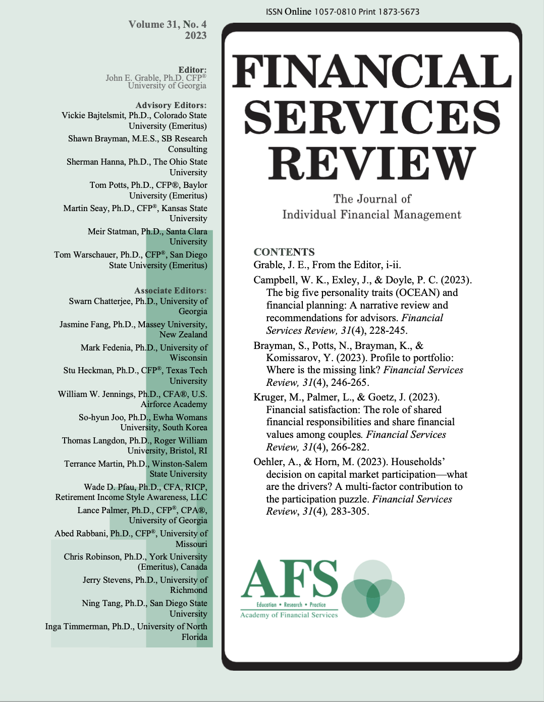 					View Vol. 31 No. 4 (2023): Financial Services Review
				