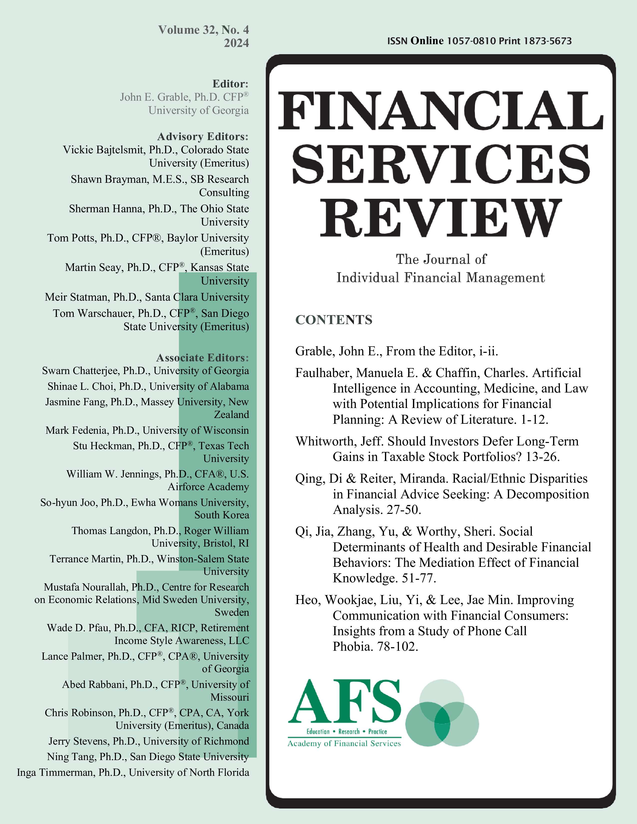 					View Vol. 32 No. 4 (2024): Financial Services Review
				