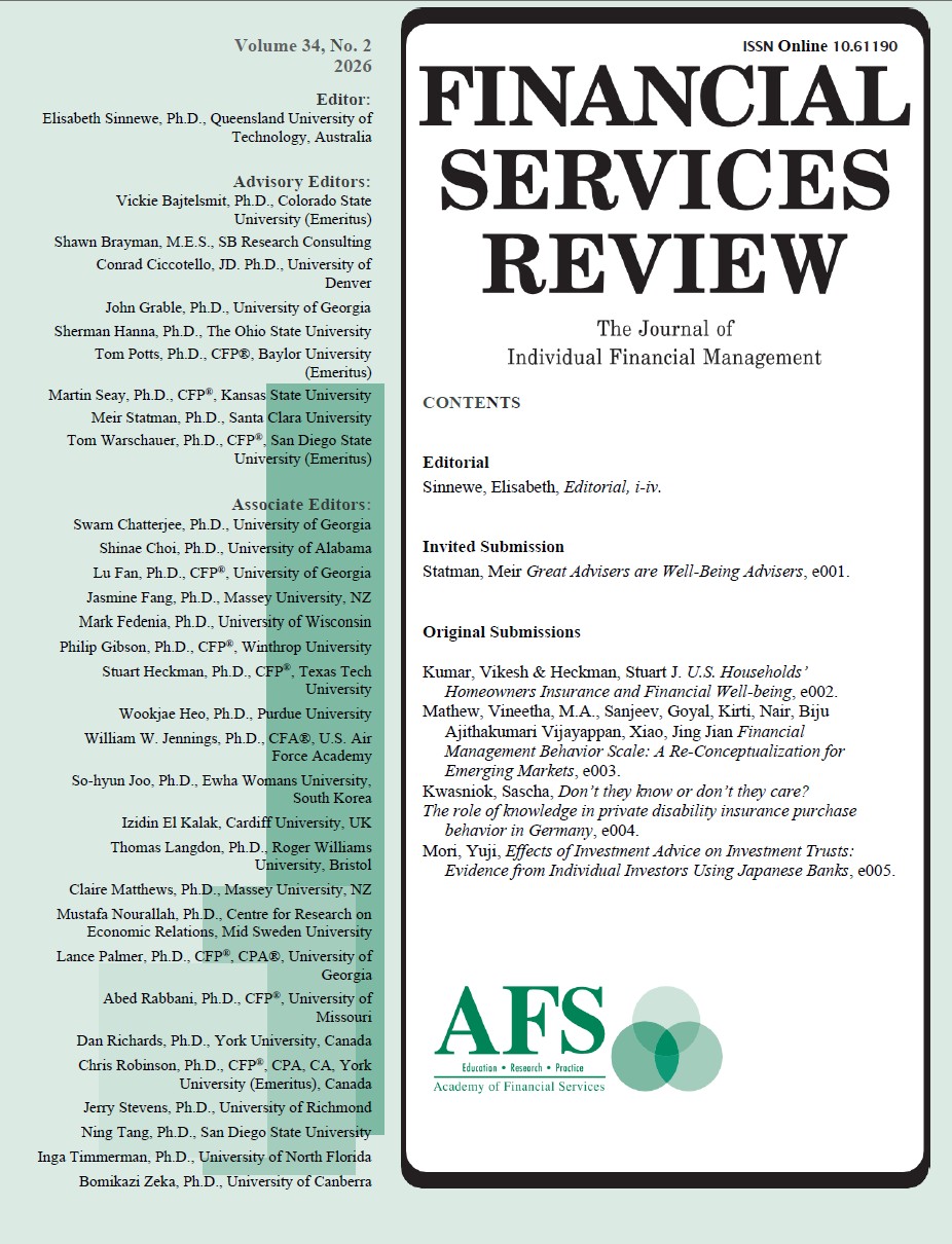 Cover page of Financial Services Review The Journal of Individual Financial Management, listing the issue's content and editorial team.